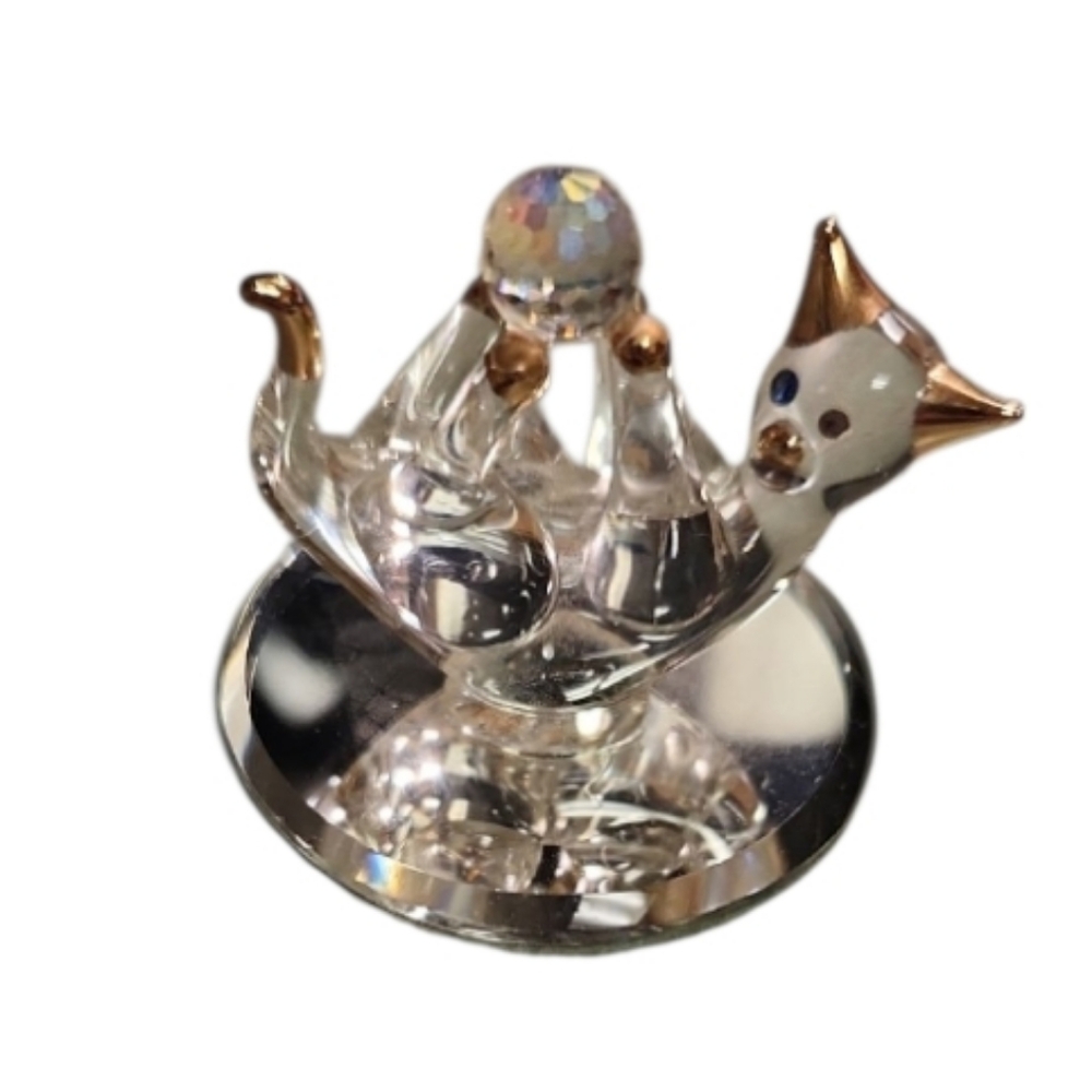 Vintage Crystal Cat Figurine with Gold Accents Holding Crystal Ball On A Mirror